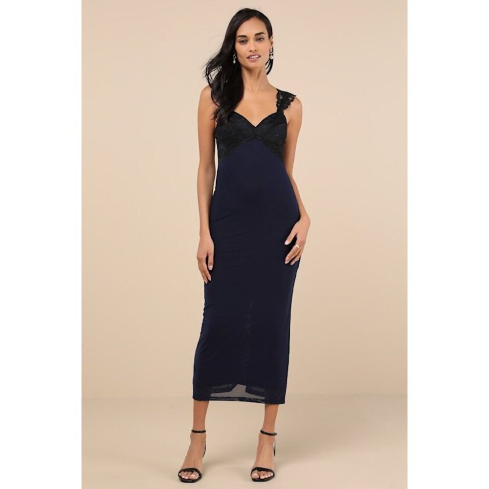 Lulus Flirty Whimsy Navy And Black Mesh Midi Dress Blue - Size S